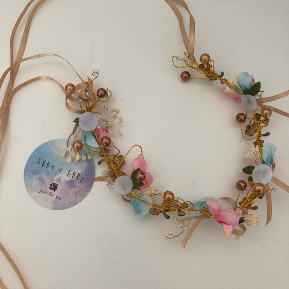 Ella & Elly Pink & Gold Beaded Ribbon Flower Crown NWT - Picture 2 of 2
